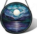 Stained Glass Window Hanging, Blue Night Moon Lake Sun Catchers Colorful Glass Panel Landscape Suncatcher Decor for Birthday for Women, Men, Wife, Aunt, and Mom 11.8x11.8 in
