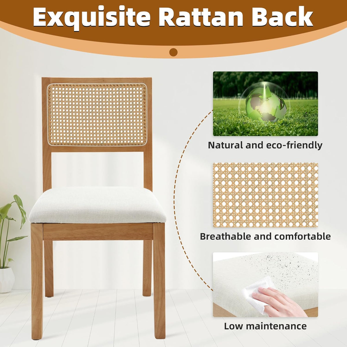 Westice Rattan Dining Chairs Set of 4, Farmhouse Natural Dining Room Chairs with Upholstered Cushion, Wood Armless Chairs for Kitchen/Restaurant