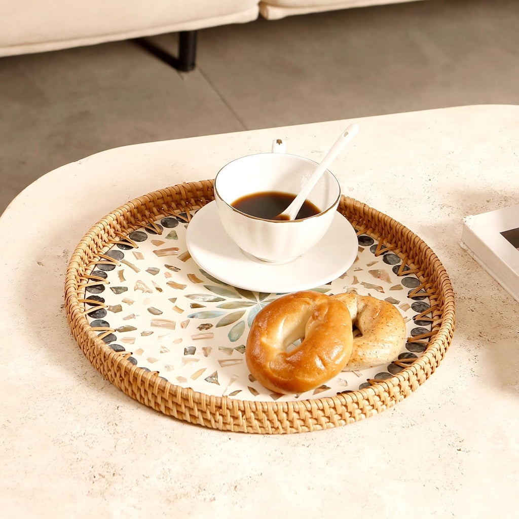 Round Rattan Tray with Mother of Pearl Inlay & Wooden Base - Decorative Wicker Serving Tray for Coffee/Bread/Fruits, Food Storage & Display - Multipurpose Home Decor (M,Fish Scales)