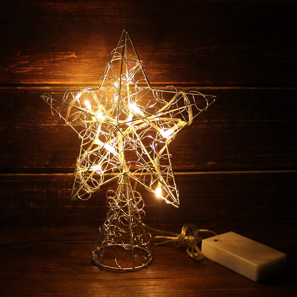 CVHOMEDECO. Silver Wire Twine Tree Top Star with Bright White LED Lights and Timer for Christmas Ornaments and Holiday Seasonal Décor, 8 x 10 Inch