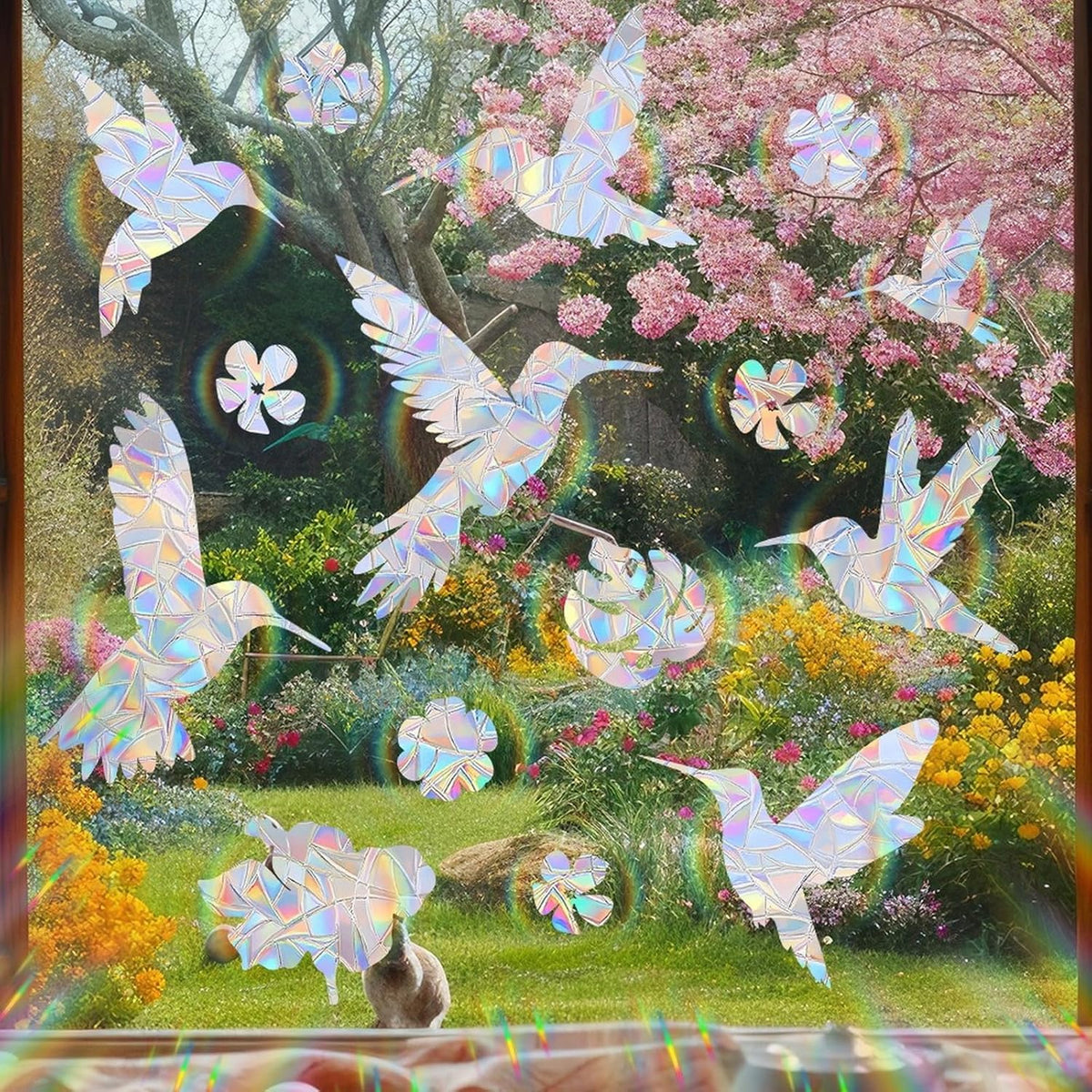 Bird Window Clings Static Cling Window Decals, 1PCS Flower Anti Collision Bird Deterrent Rainbow Stickers, Reusable, Rainbow Non-Adhesive Prismatic Decorative Home Decor