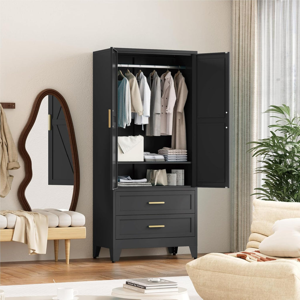 71'' Farmhouse Metal Wardrobe Cabinet with Hanging Rod, 2 Barn Door Wardrobe Closet with Adjustable Shelves,2 Drawer,for Dining Room,Bedroom,Living Room, Cloak Room,Office (Black)