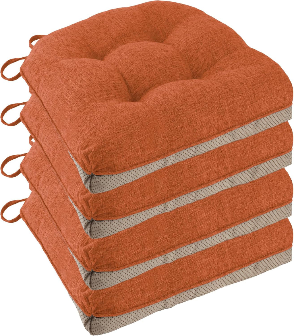 Non Slip Chair Cushions for Dining Chairs Set of 4 Kitchen Chair Cushions 18"x18"x3" Turfted Chair Pads Comfortable and Soft Seat Cushion with Ties, Orange