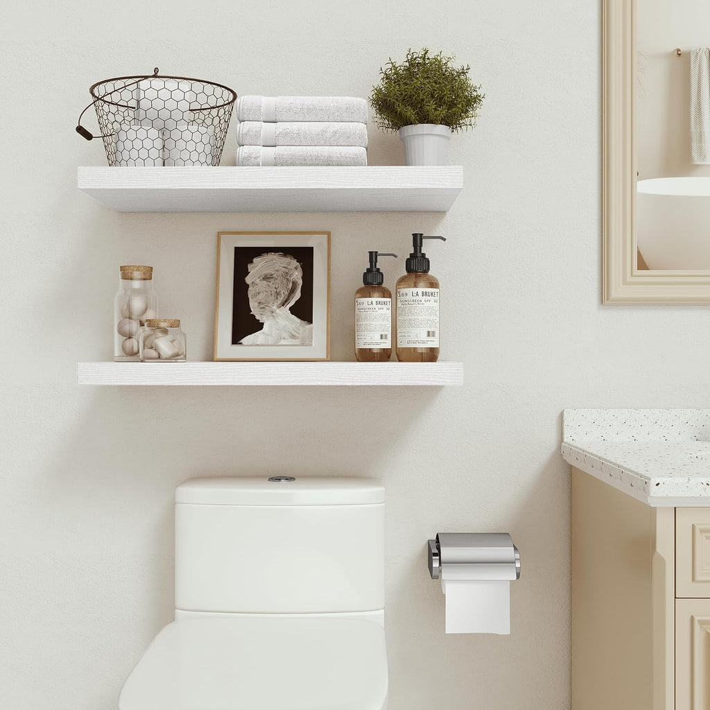 Floating Shelves for Wall 24 inchs Long, 9.1” deep x 1.5” Wall Shelf for Bedroom, Bathroom, Living Room, Kitchen, Office Home Decor, Deep Wood Shelves with Invisible Brackets, Set of 2 White