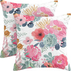 CXMEIFLY Spring Floral Pillow Covers 20 x 20 Inch Set of 2 for Watercolor Pink Flowers Decor Throw Pillows Green Leaves Plant Outdoor Decorative Cushion Cases with Zipper for Couch Bed Decorations