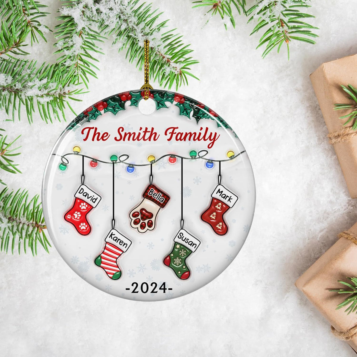 Stocking Personalized Family Christmas Ceramic Ornament 2025-3D Inflated Effect Custom Name Hanging Stock up to 10 Members, First Xmas as A Family Ornament Gifts (A04, 4 Names)
