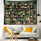 HVEST Green Plant Bookshelf Tapestry Book on Bookshelf and Plant Potted Tapestry Wall Hanging Reading Wall Art Decor for Study Room Bedroom Living Room College Dorm, 40L x 60W Inches