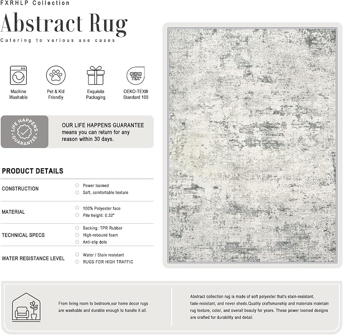 2.6x14 Washable Runner Rug:Modern Abstract Indoor Soft Carpet Gray | - Image 3