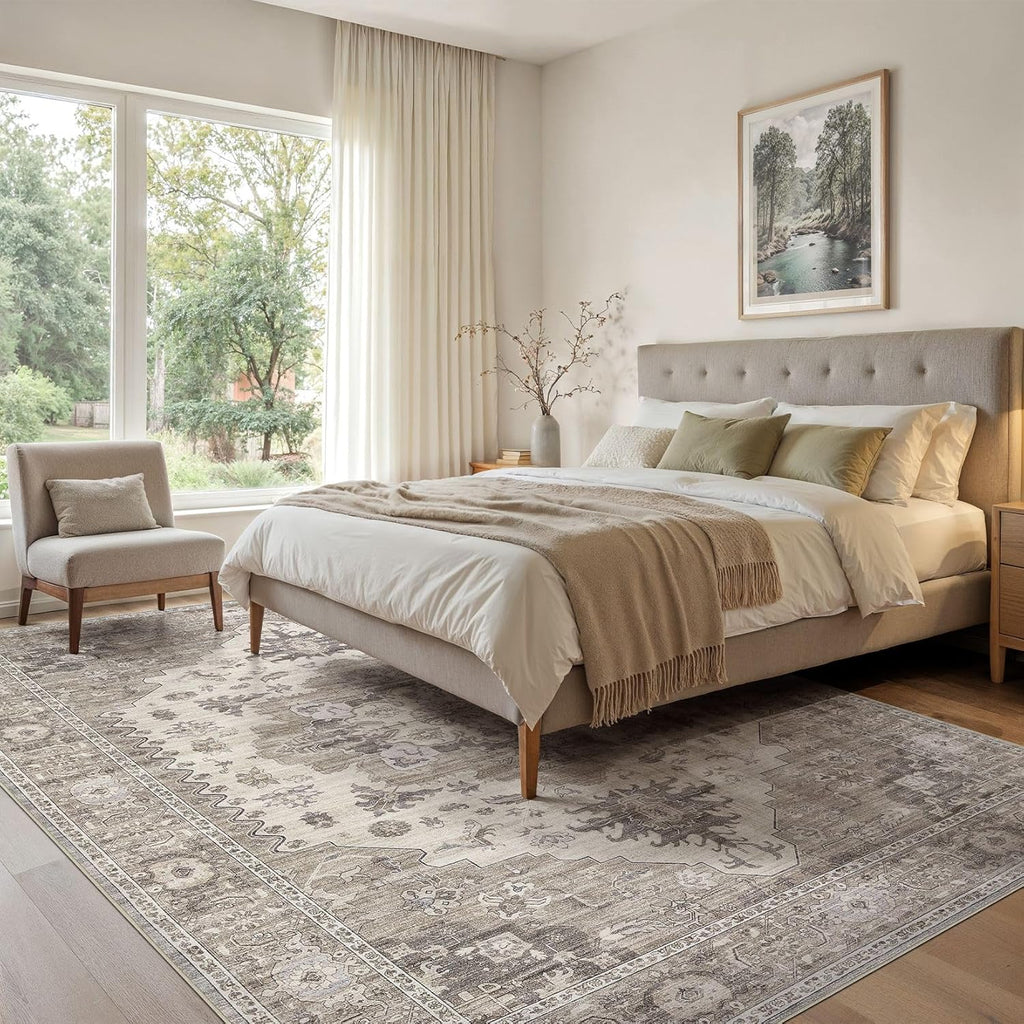 Washable Area Rugs for Living Room - 7x9 Neutral Vintage Distressed Floral Farmhouse Boho Large Soft Floor Rug Indoor Non Slip Carpet for Living Room Bedroom Dining Room Office -Brown/Beige