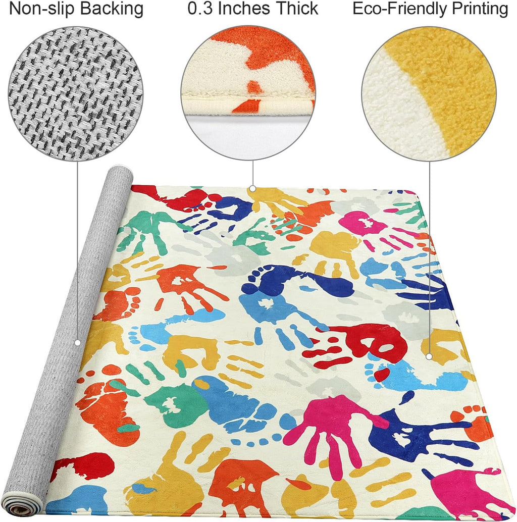 STARUIA Large Colorful Kids Rug 6x9 Ft, Non-Slip Washable Rugs for Classroom, Handprints and Footprints Rugs for Playroom, Soft Nursery Rug Indoor Play Mat for Kids Room Daycare School