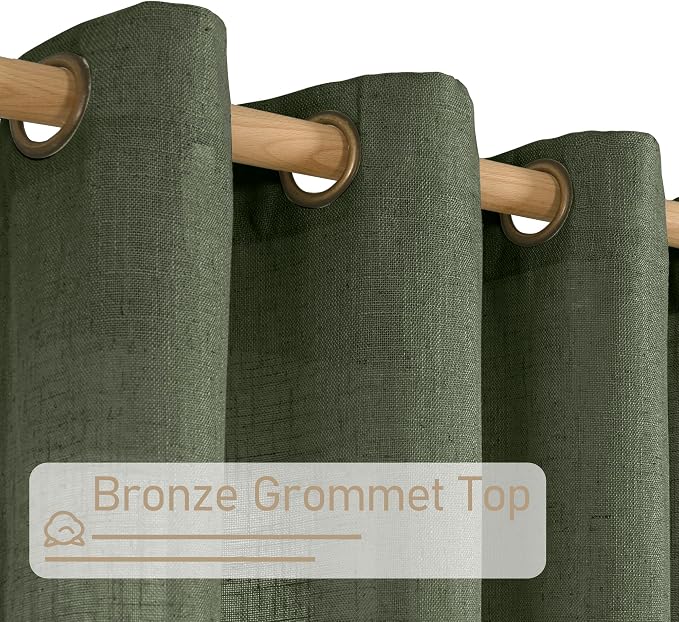 Olive Green Semi Sheer Linen Window Curtains 2 Panels Set, 60 Inch Light - Image 2