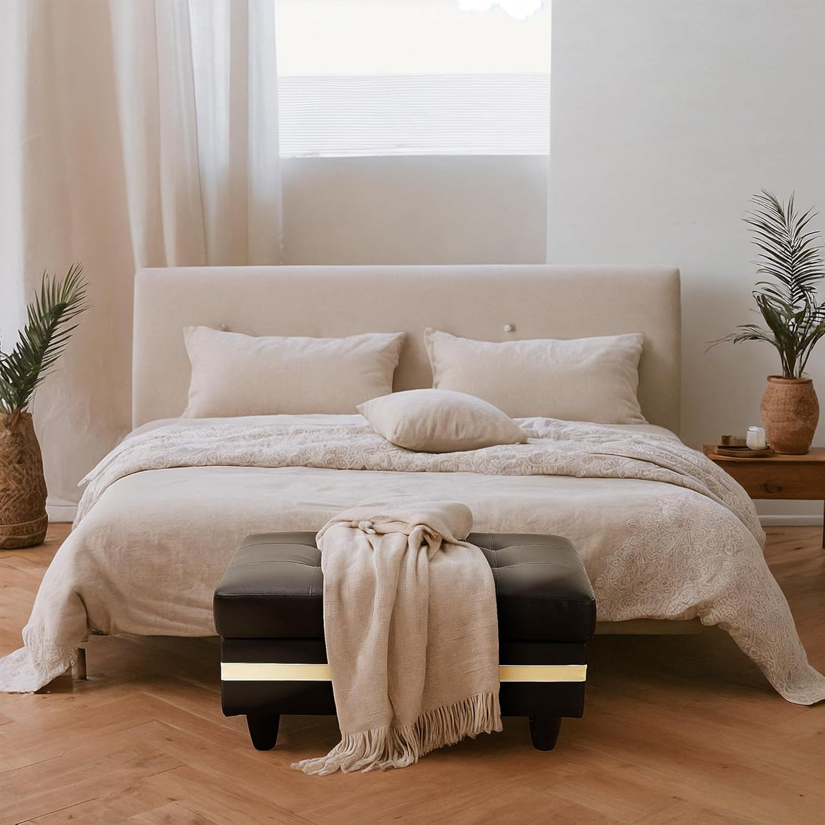 Ottoman Rectangular Storage Ottoman Bench, Faux Leather Footrest, Coffee Table, Stool Footstool with Hinged Lid for Living Room, Bedroom, Entryway, Black with White Strip, 35"x23.5"x17.5"