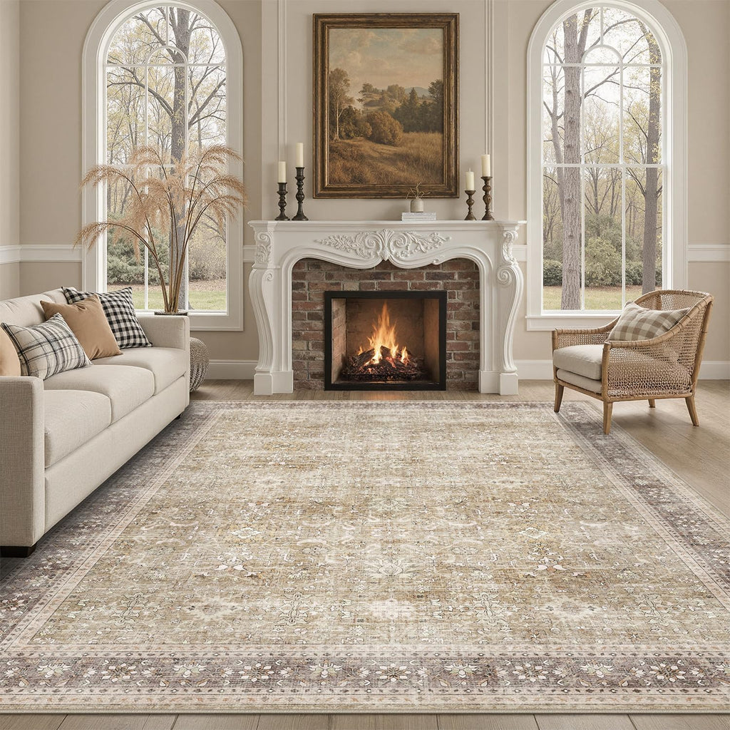 DCX Machine Washable Brown and Beige Area Rug 5x7, Non Slip Stain Resistant Vintage Rug for Living Room Diningroom Bedroom Nursery, Soft Low Pile Large Carpet