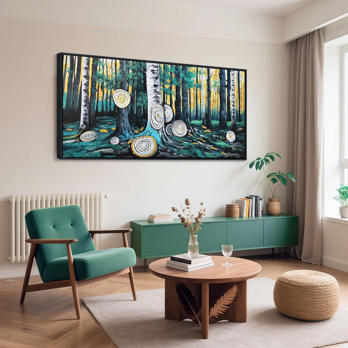 QZQCBLC Large Wall Art Bedroom, Green Tree Yellow Forest Canvas Wall Pictures Modern Abstract Ring Landscape Paintings Artwork for Living room Home Office Artwork Framed Decor 29x58 IN