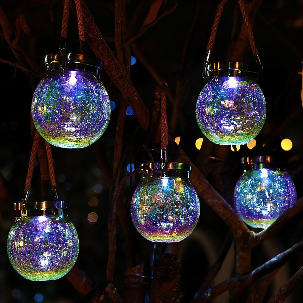 Cooo 6 Pack Solar Lantern Outdoor Waterproof Iridescent Crackle Glass with 215% Larger Solar Panel, Stainless Steel Lid – Rainbow Glass Hanging Light with Cool White LED for Garden Patio Table