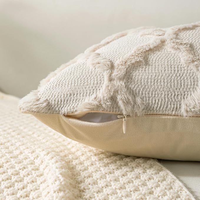 Set of 2 Beige Morrocan Decorative Pillow Covers 26x26 Inch Fluffy Boho Throw - Image 4