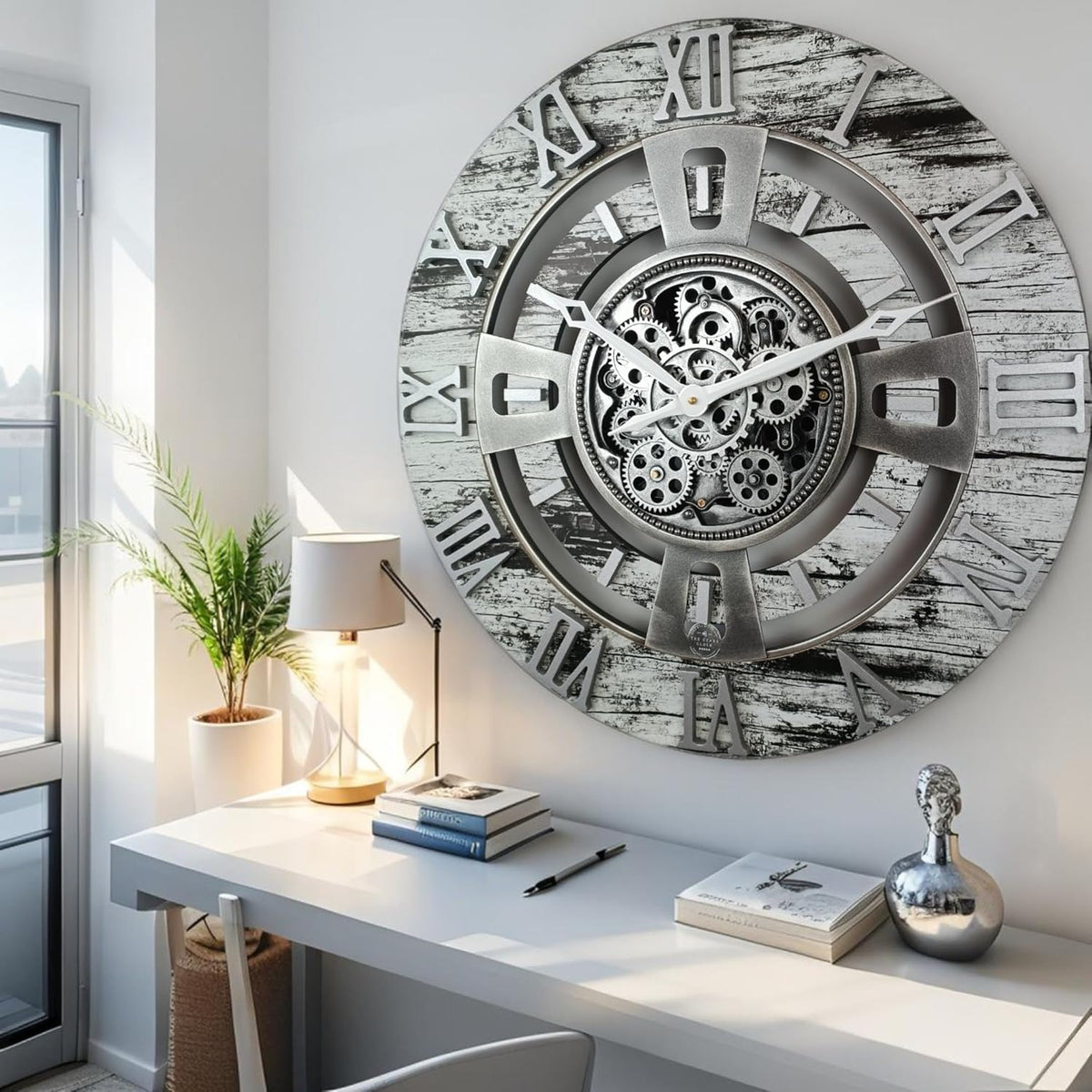 The Gears Clock 24'' Inch Real Moving Gear Wall Clock England Line (Grey & White, 24 inches (60 cm))