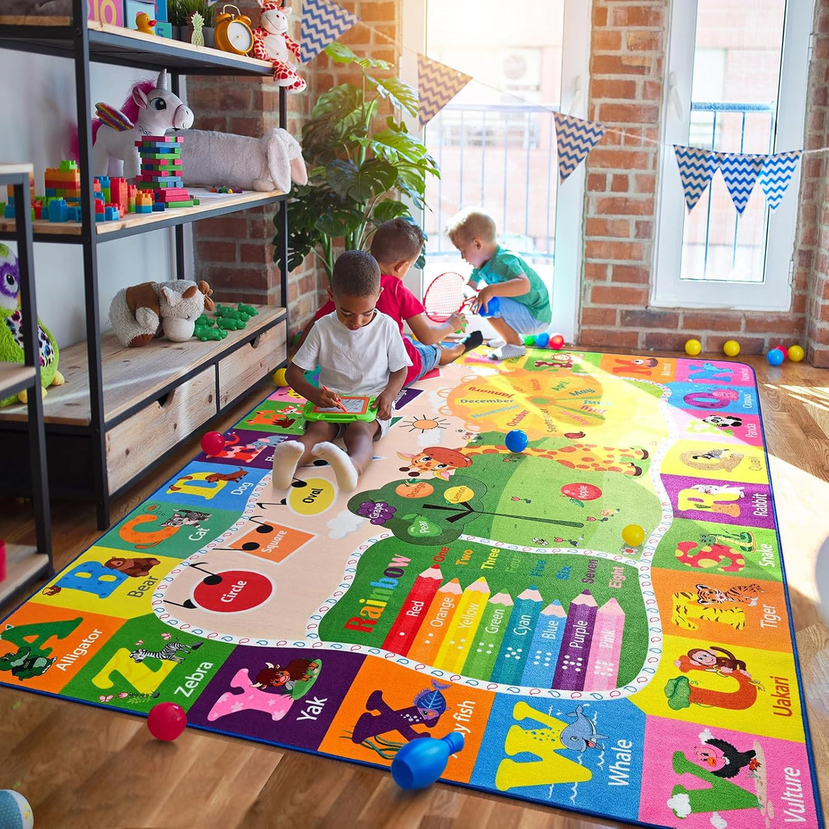 5x7 Playroom Rugs for Kids Washable, Educational and Fun Playmat with ABC Alphabet Animals Shapes Colors, Non-Slip Play Mat Learning Rugs for Baby Toddler Children Game Activity