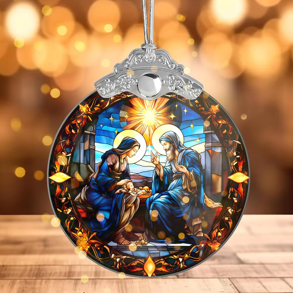 Nativity Ornaments, Stained Glass Effections, Nativity Scene 4 Inch Acrylic Ornament Art, White Elephant Gifts, Nativity Christmas Ornaments, Christmas Decor (Suncatcher Nativity)