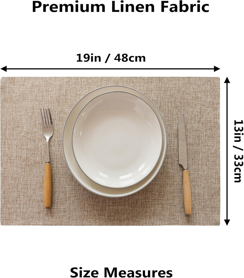 Demetex Linen Placemats Set of 4 Heat Resistant Wipeable Cloth Table Place Mats for Dining Table Indoor Restaurants, 13 x 19 inches, Linen