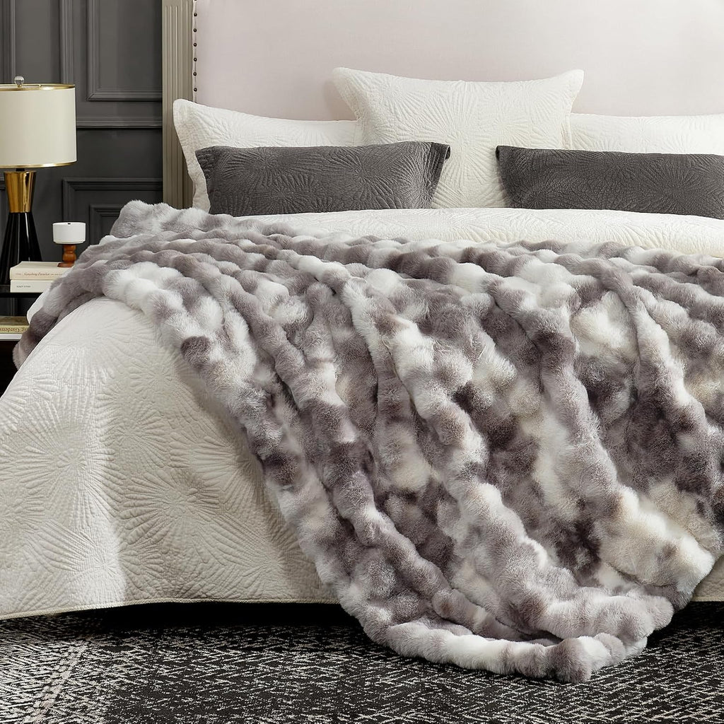 Cozy Bliss Faux Fur Throw Blanket for Couch, Fuzzy Soft Plush Thick Bubble Blanket for Sofa Bedroom Living Room, 50 * 60 Inches Tie-dye Taupe