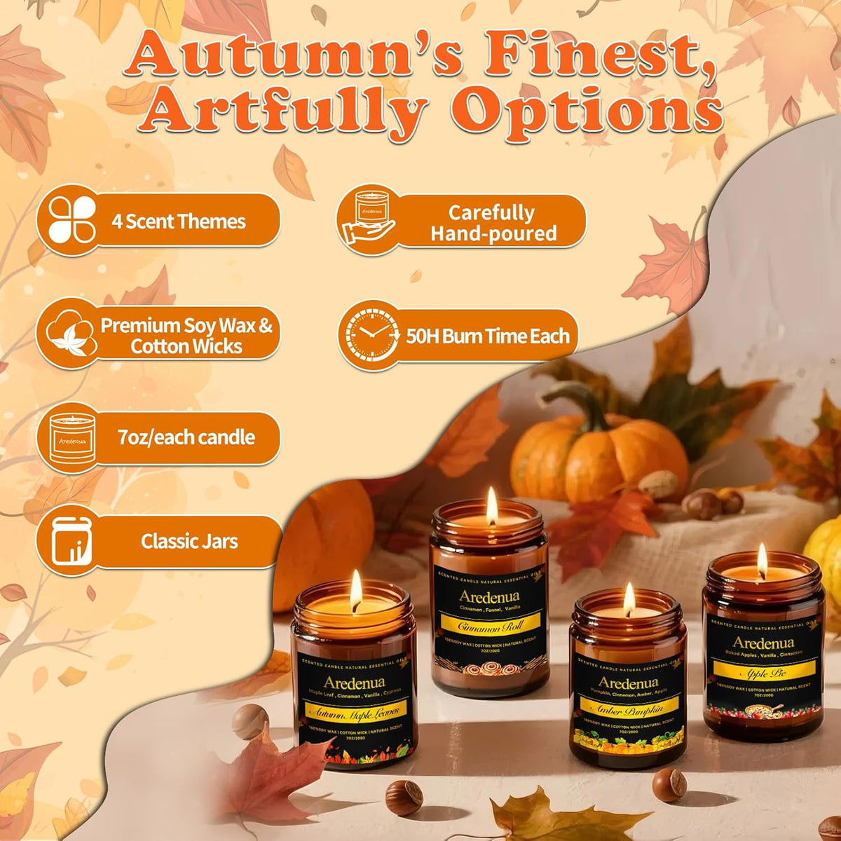 Fall Candles Set | 4 Pack Autumn Scented Candles, Soy Candles for Home Scented, Cozy Seasonal Candle Gifts for Women Men - Fall Scents of Cinnamon Roll/Pumpkin/Autumn Leaves/Apple Pie
