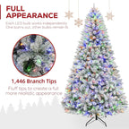 Hykolity 7.5 ft Prelit Snow Flocked Christmas Tree, Artificial Christmas Tree with 450 Color Changing LED Lights, 1446 Branch Tips, Metal Stand and Hinged Branches, 10 Colors