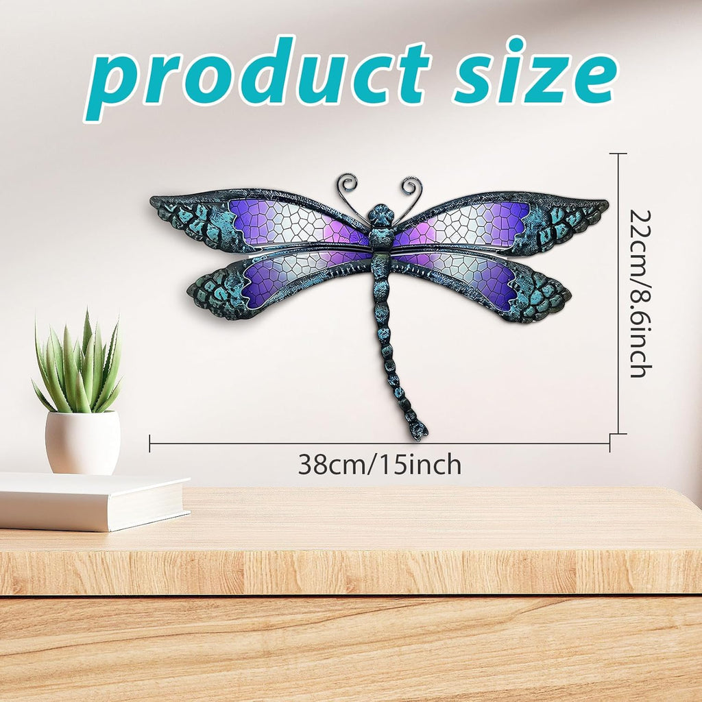 Metal Dragonfly Wall Decor, Handmade Mosaic Glass & Iron Art for Outdoor Garden, Patio, Fence, Vibrant Purple Wall Art Sculpture (15 Inch) - Bedroom, Living Room Decorative Ornaments