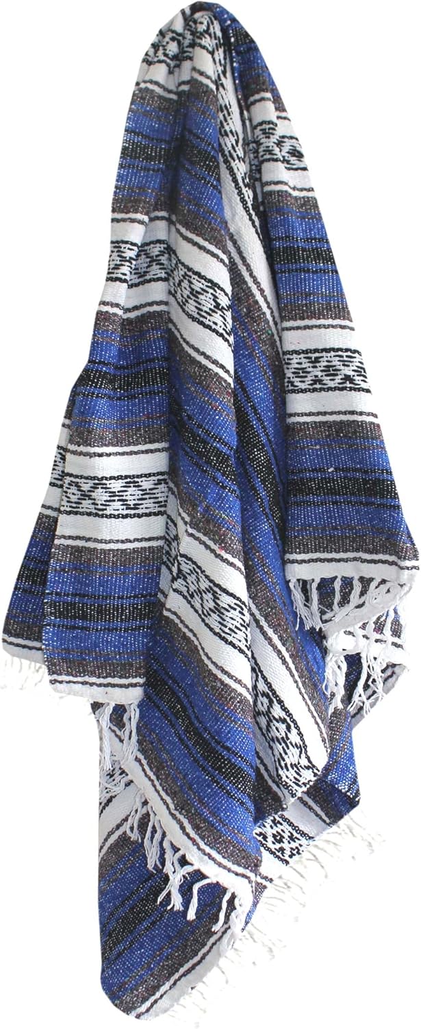 Del Mex Classic Mexican Blanket, Large Authentic Woven Falsa Throw (70"x50"), Artisan Southwest Décor for Beach, Yoga, Outdoors (Blue)