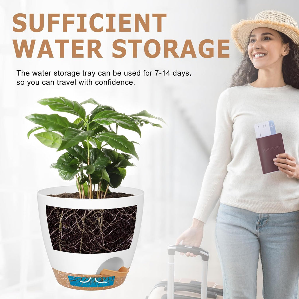 Plant Pots 8/7/6.5/6/5.5/5 Inch Self Watering Pots, Set of 6 Plastic Planters with Drainage Holes and Saucers,Plastic Flower Pots,Nursery Planting Pot for Indoor Out Door Plants（White）