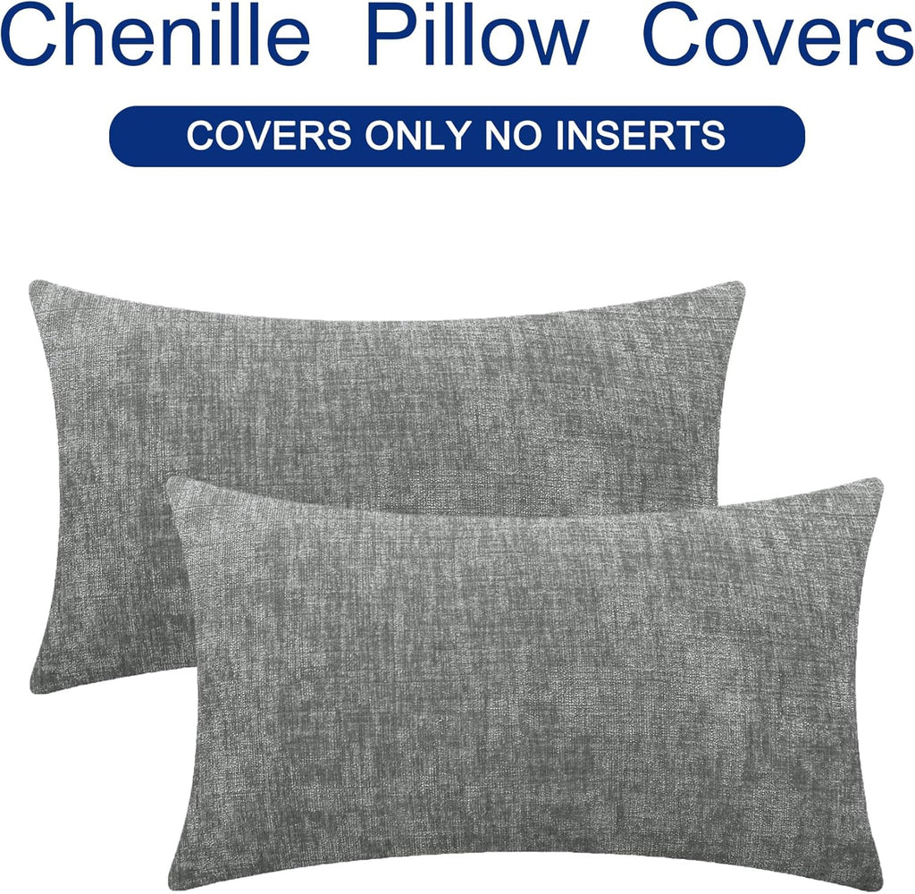 CaliTime Throw Pillow Covers Decorative 12 X 20 Inches Pack of 2 Cozy Chenille Cushion Cases for Couch Sofa Bed Living Room Home Medium Grey