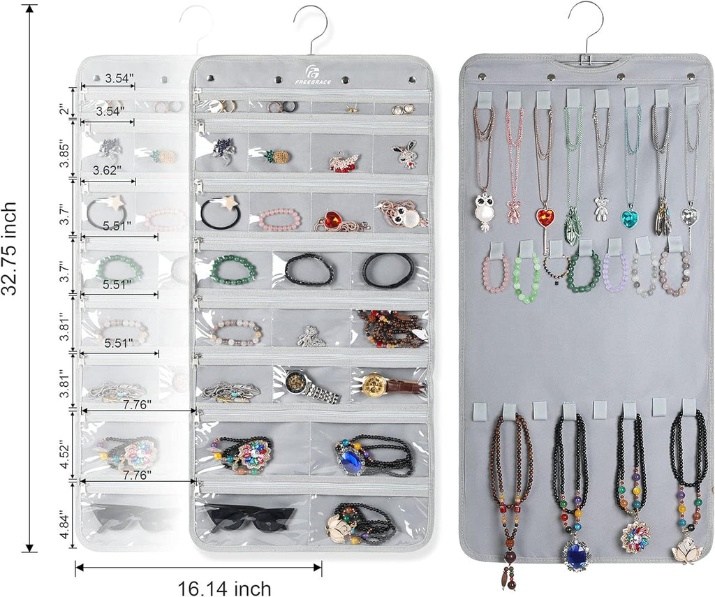 Freegrace Hanging Jewelry Organizer Revolving Hanger - Secure Zipper Closure - 25 Pockets,23 Hooks - Foldable Storage & Display Solution - For All Jewelry & Bijoux (Gray)