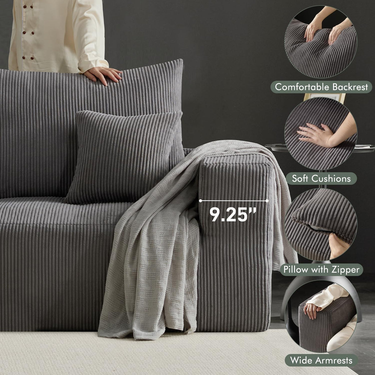 Boneless Sectional Cloud Couch Sofa for Living Room, 112" L-Shaped Modular Modern Lounge Sleeper Grey Couches with Chaise, No Assemble, Cordury Compression Upholstered Sofas
