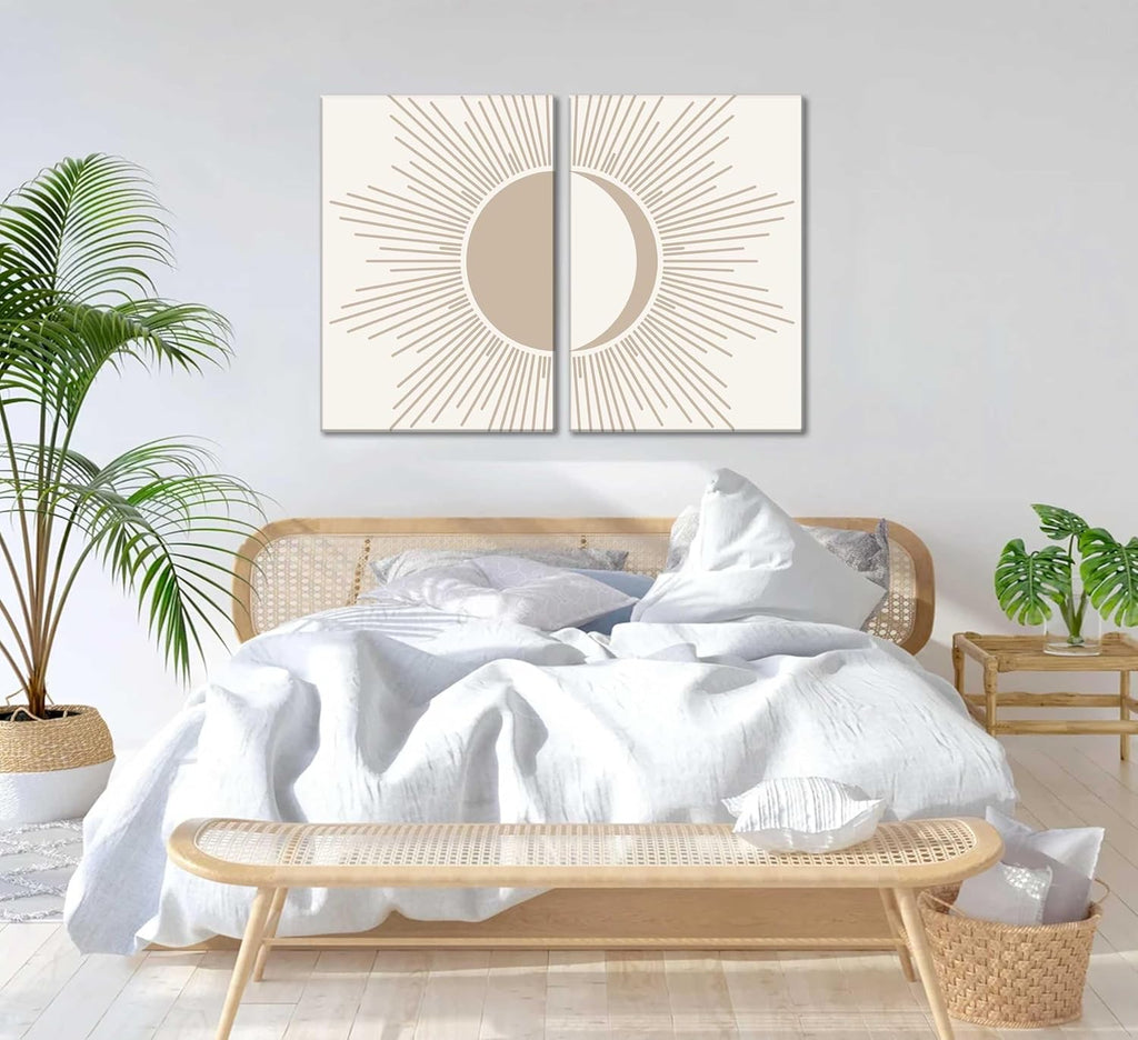 2Pcs Minimalism Boho Canvas Wall art Mid Century Modern Beige and White Sun and Moon Geometric Abstract Painting Pictures Wall Decor Posters Print Artwork for Bedroom Living Room Decoration