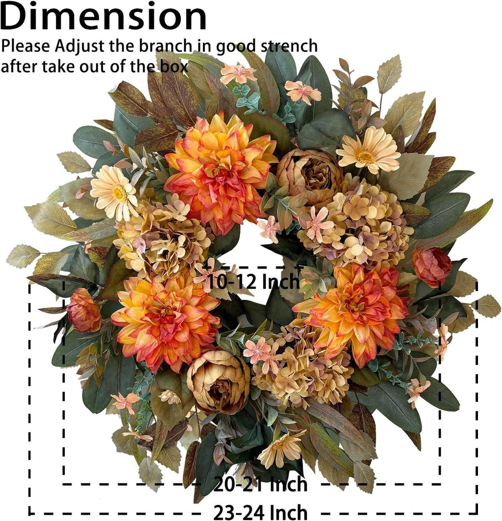 WANNA-CUL 24 Inch Spring Fall Wreaths for Front Door,Fall Wreath with Orange Hydrangea&Peony and Dahlia Flowers-Fall Decoration for Home-Large Fall Decor Door Wreath for Autumn,Harvest