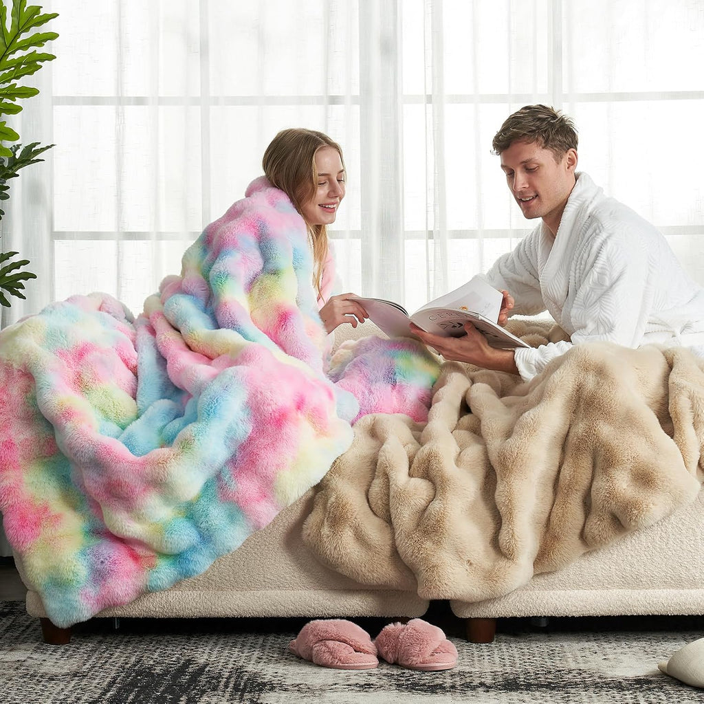 Cozy Bliss Faux Fur Throw Blanket for Couch, Fuzzy Soft Plush Thick Bubble Blanket for Sofa Bedroom Living Room, 60 * 80 Inches Tie-dye Rainbow