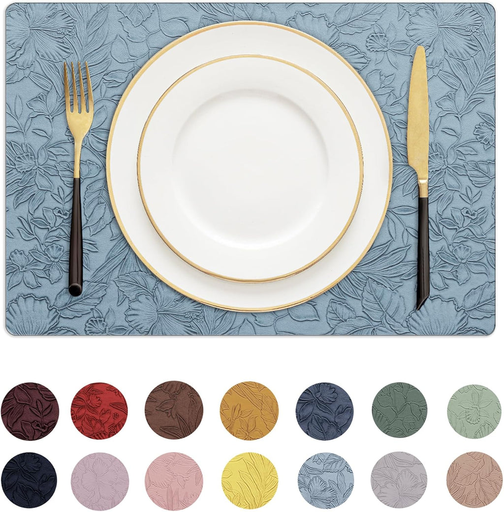 Romanstile Vinyl Placemats Set of 8-12 X 18 Inch - Heat Resistant Non-Slip Embossed Floral Place Mats 100% Waterproof Oilproof Wipeable Faux Leather Table Mats for Kitchen/Dining/Party, SkyBlue