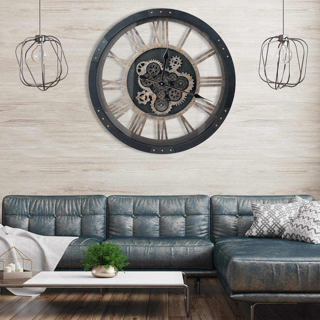 DORBOKER 24" Large Wall Clock with Moving Gears,Oversize Vintage Industrial Rustic Farmhouse Clocks for Living Room Decor Office Home,Solid Wood HD Tempered Glass Cover,Vintage Black
