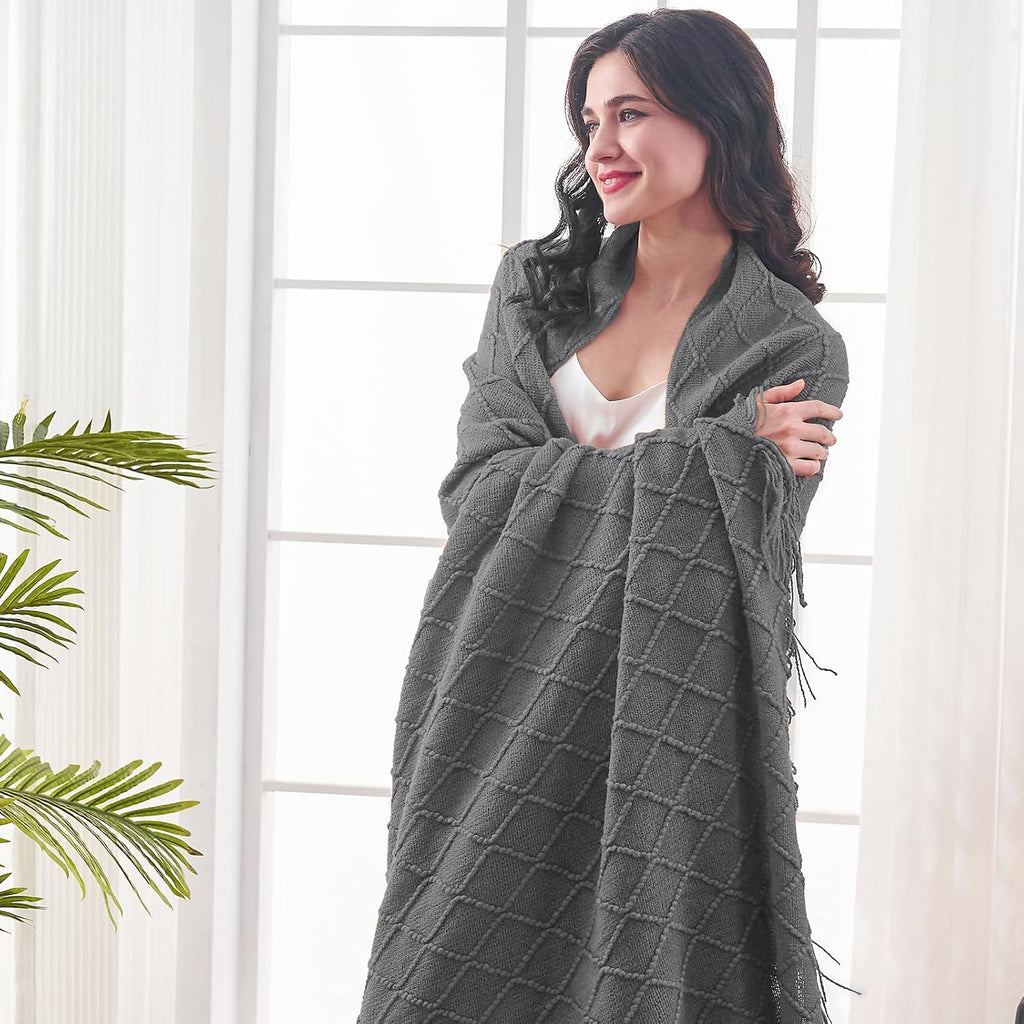 inhand Grey Throw Blanket for Couch and Bed, Soft Living Room Home Decor Knitted Twin Size Blanket, Outdoor Lightweight Breathable Summer Blanket, Farmhouse Warm Woven Decorative, 60"x80"