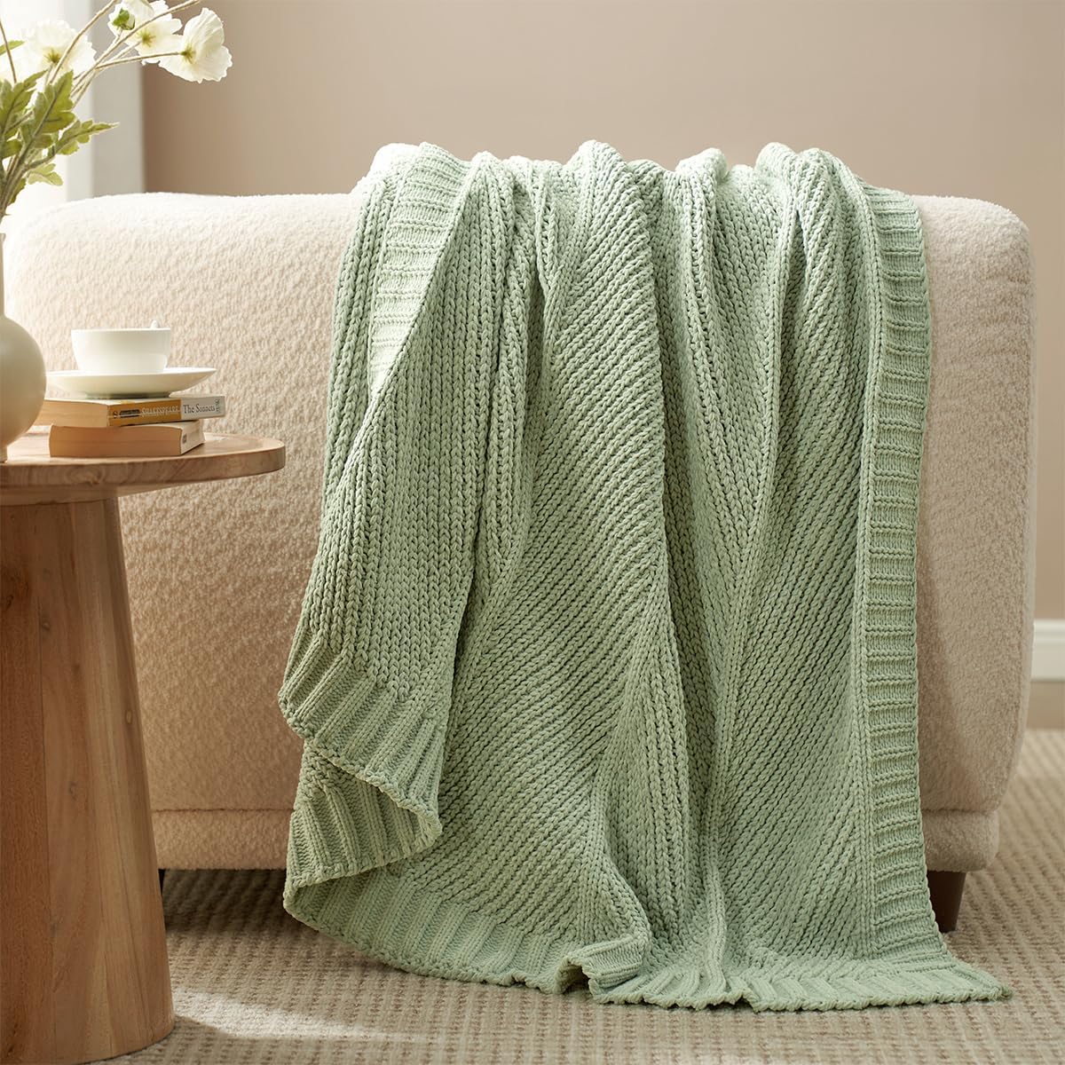Amélie Home Chenille Knit Throw Blanket for Couch, Chevron Texture Decorative Soft Blanket for Sofa, Bed & Chair, 50"x60", Sage Green