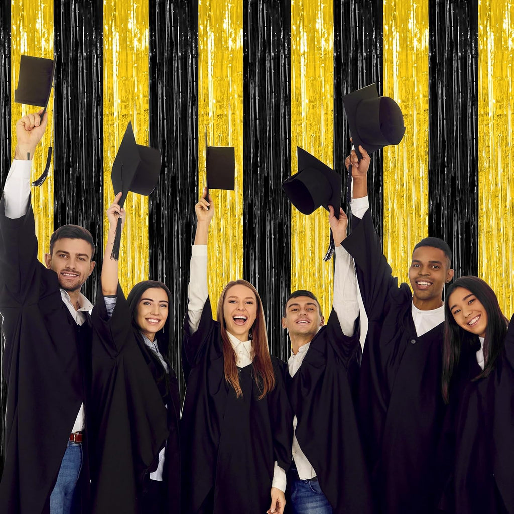 2 Pack Graduation Backdrop, 3.28 FT x 7.05 FT Black and Gold Foil Fringe Curtains, Metallic Foil Curtain Graduation Backdrop, Grad Party Supplies Black and Gold Party Decorations Class of 2025
