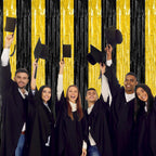 2 Pack Graduation Backdrop, 3.28 FT x 7.05 FT Black and Gold Foil Fringe Curtains, Metallic Foil Curtain Graduation Backdrop, Grad Party Supplies Black and Gold Party Decorations Class of 2025