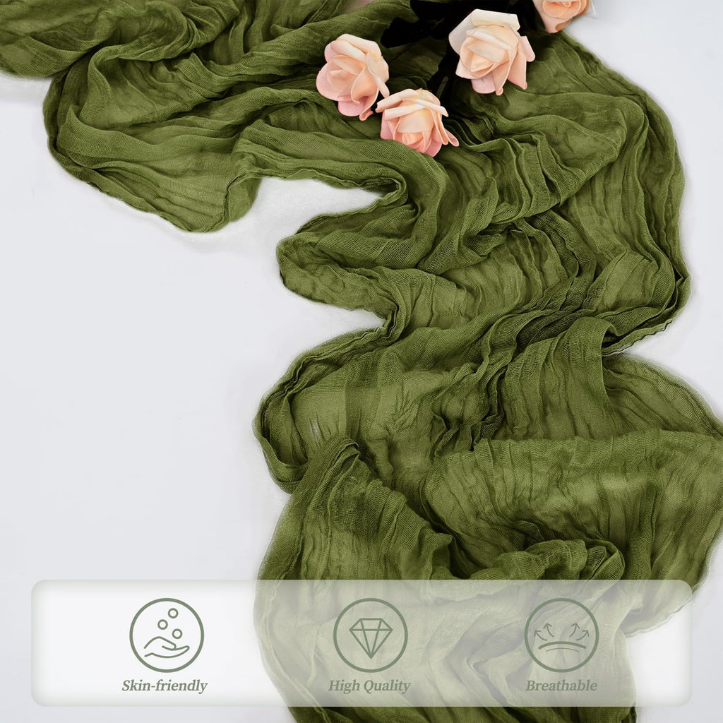 6 Pack Olive Green 10FT Cheesecloth Table Runner Rustic Gauze Cheese Cloth Table Runner for Wedding Bridal Baby Shower Table Decorations Boho Fabric Sheer Birthday Party Decor 20 x 120 Inch Long