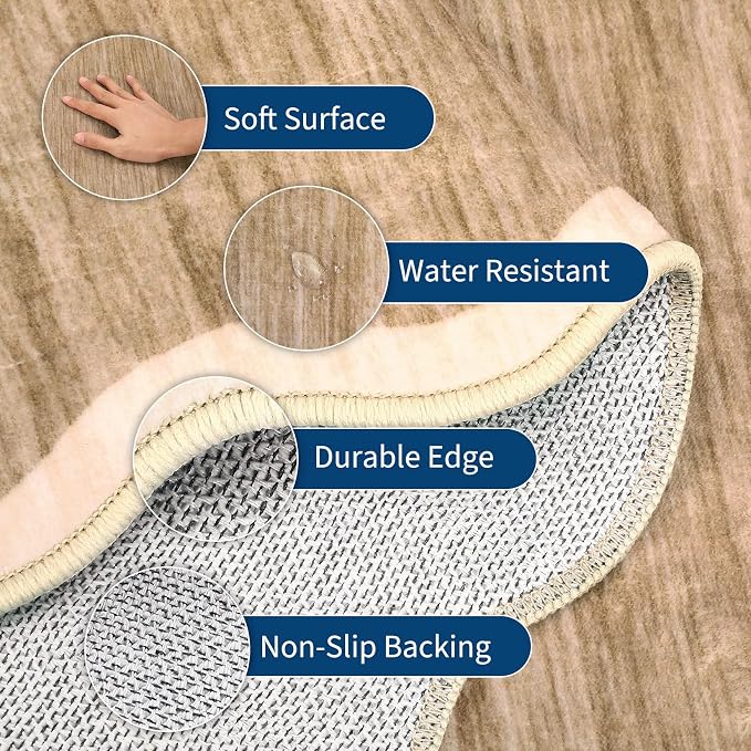 GarveeHome Scalloped Round Washable Rug 5ft Soft Non Slip, Light Brown | Circle - Image 4