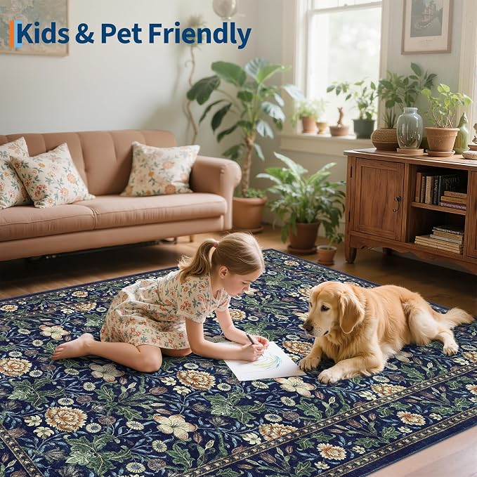 GarveeHome Green Washable Area Rug 5x7, Retro Floral Low Pile Non Slip Living - Image 7