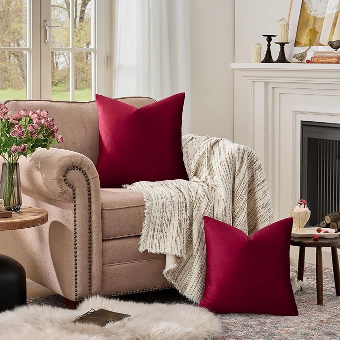 GIGIZAZA Burgundy Velvet Pillow Covers 18x18 Decorative Pillows Pack of 2 | Red - Image 3