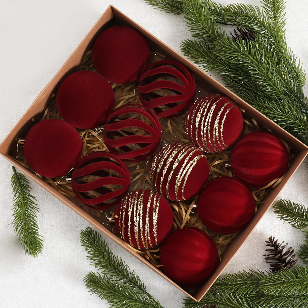 Christmas Ornaments Set of 12, 3.15" Flocked Velvet Balls with Hand Painted Designs, Burgundy Elegant Christmas Tree Decorations in Gift Box