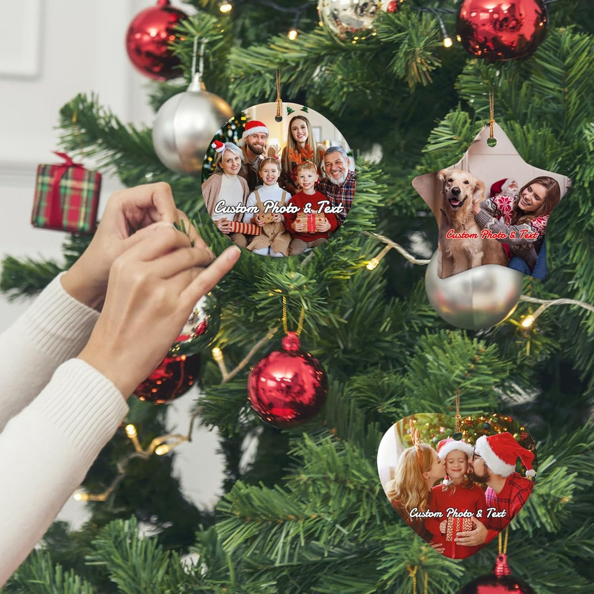Personalized Christmas Ornaments with Photo 2025 Custom Picture Text Ornaments for Christmas,Double-Sided Ceramic Customized Xmas Tree Decor for Family Couples Dogs,Round
