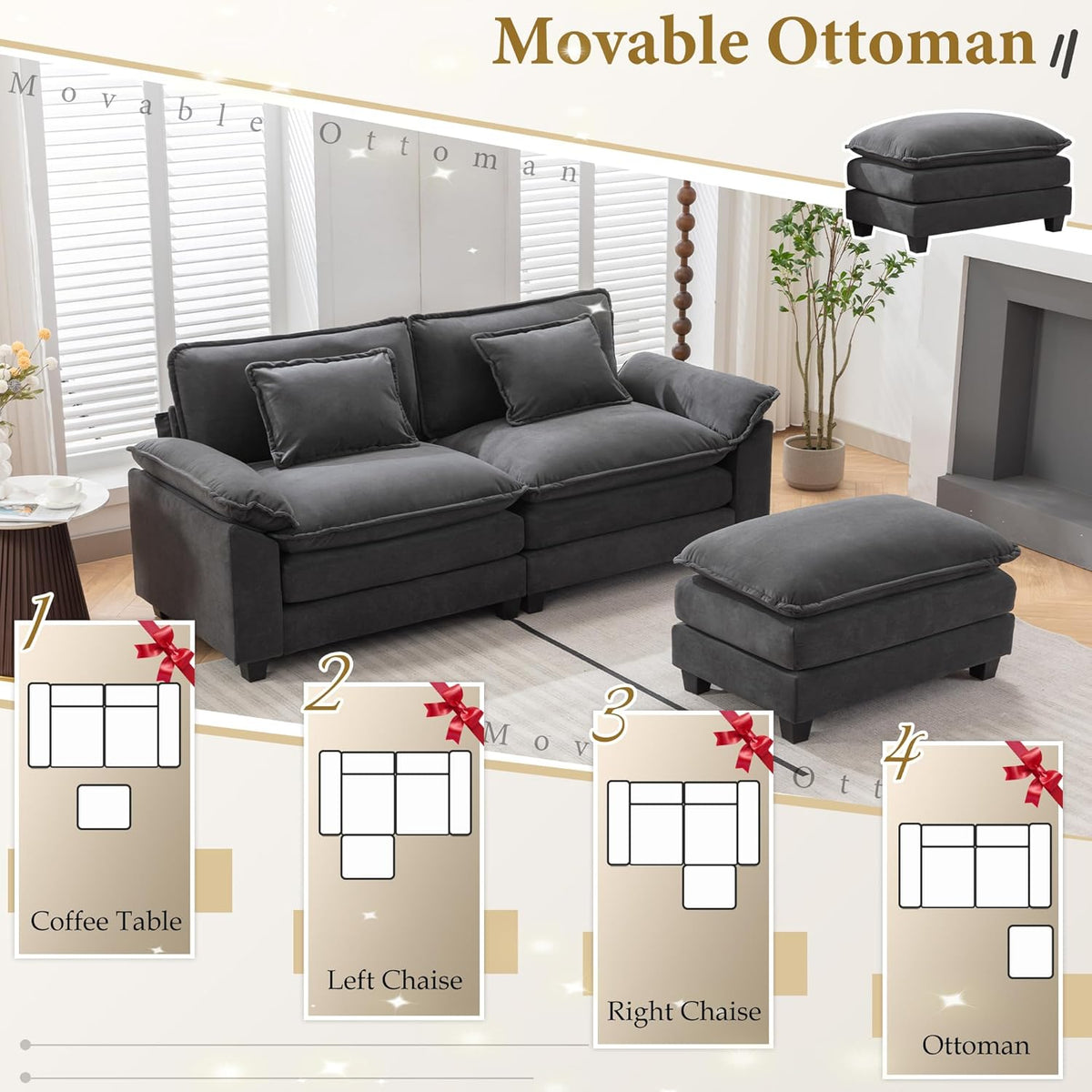 URRED Modular Sectional Sofa Comfy Cloud Couch, Modern Velvet Sofa Sleeper Deep Seat Couches with Ottoman/Pillows for Living Room (Dark Gray, 82.6''- L Shape)