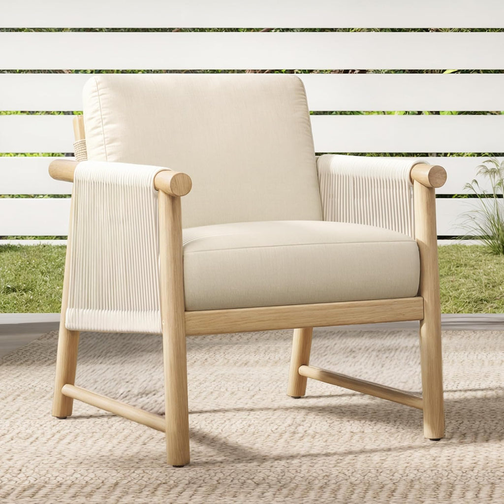 CHITA Boho Patio Rattan Chair, Outdoor Wicker Chair with 7.1″ Thickened Cushions Acacia Wood Frame(Cream)
